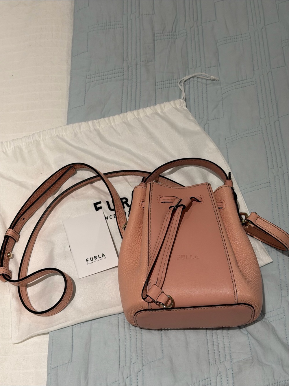 Furla Dusty Pink Pebbled Leather Mini Drawstring Crossbody